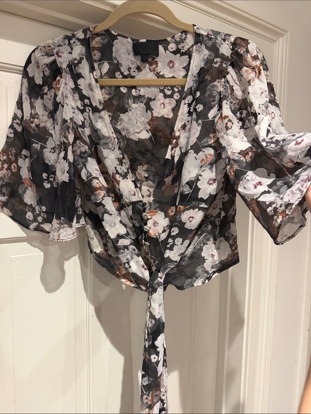 INTERMIX Black Sheer Floral Tie-Front Blouse